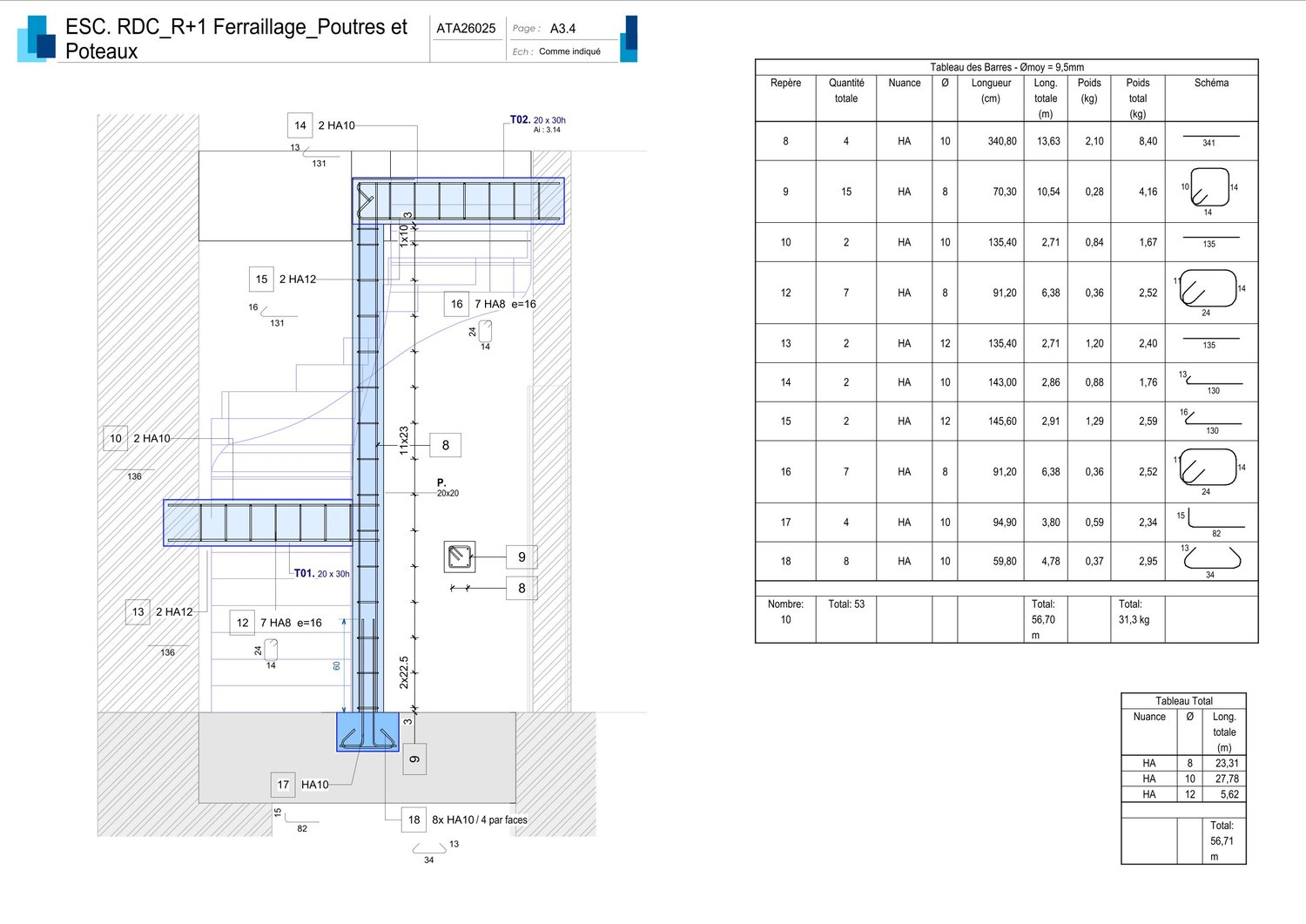 Plan de ferraillage des poutres et poteaux d'un escalier en béton armé, avec tableau des barres