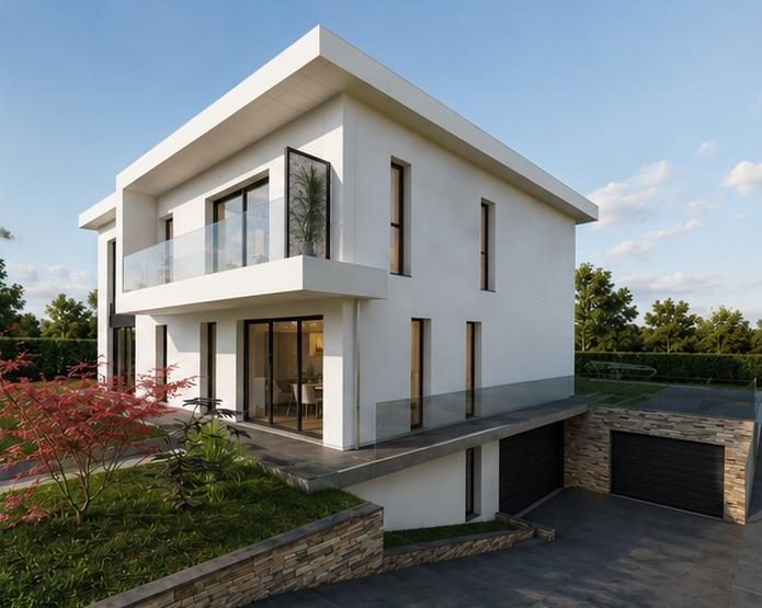 Villa contemporaine à toiture plate, vue extérieure